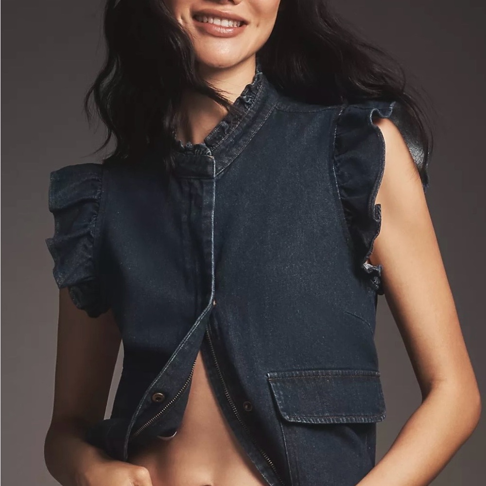 Anthropologie Women’s Dolan Left Coast Ruffled Denim Utility Vest size Large